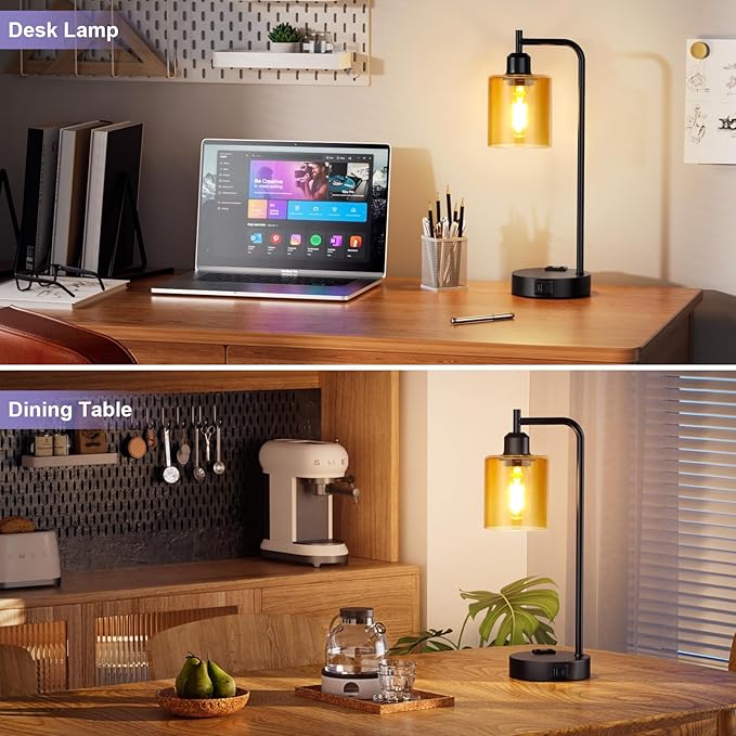 Industrial Touch Nightstand Lamps for Bedrooms Set of 2 - 3-Way Dimmable Table Lamps with USB C+A Ports and Outlet, Bedside Lamps with Amber Glass Shade for Living Room, Desk Lamps for Home Office