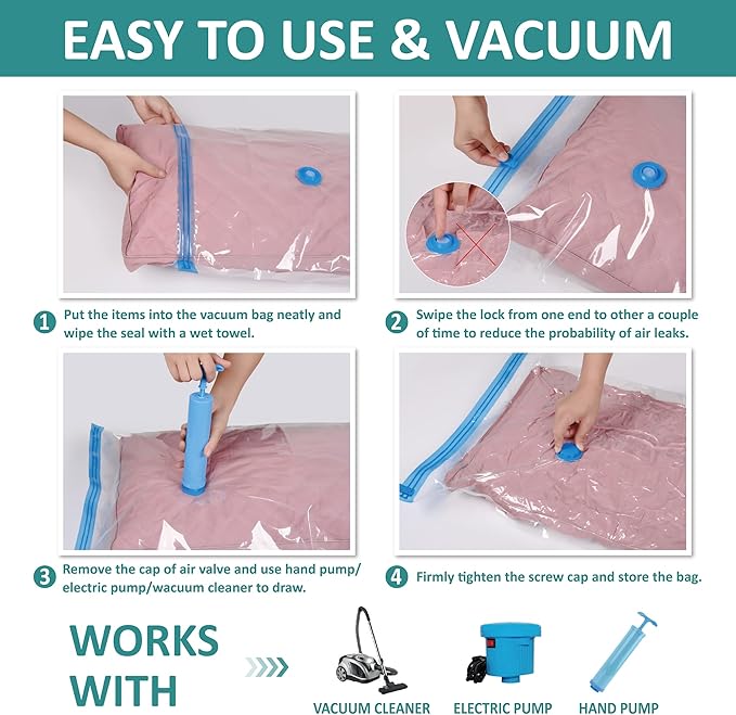 6 Pack Vacuum Storage Bags with Hand Pump, 80% Space Saver Vacuum Seal Storage Bags for Clothing, Travel Lugggage, Blankets, Comforters