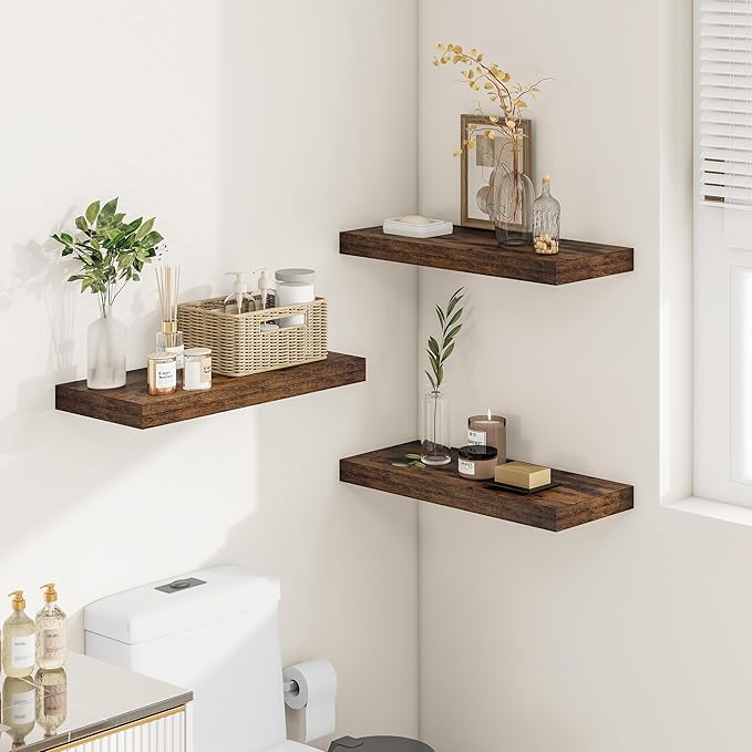 Vivelove 12" Deep Floating Shelves Over Toilet, 24" Wall Shelves for Bathroom Bedroom Kitchen Living Room Laundry Room, Farmhouse Rustic Shelves for Home Decor, 24" X 12" X 2" Set of 2, Rustic Brown