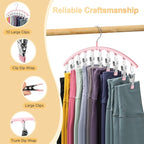 Metal Yoga Pants Hangers 1 Pack w/10 Clips Holds 10 Leggings, Space Saving Hanging Closet Organizer w/Rubber Coated Closet Organizers and Storage, Pink