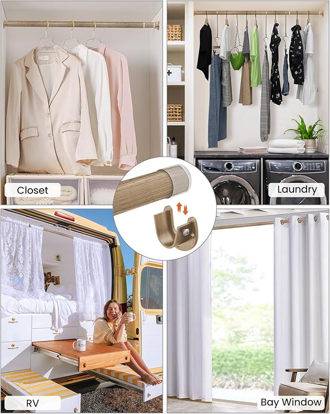 Closet Rods for Hanging Clothes, 17 to 54 Inches Stepless Adjustable Metal Closet Rod, 1.3 Inches Heavy Duty Clothes Hanging Rod for Closet Wardrobes Laundry RV(Wood Grain)