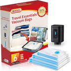 BRODI 6 Combo Pack Travel Vacuum Bags with Pump - Space Saver & Travel Essentials, Clothing & Luggage Vacuum Seal Bags