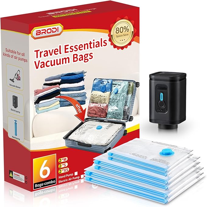 BRODI 6 Combo Pack Travel Vacuum Bags with Pump - Space Saver & Travel Essentials, Clothing & Luggage Vacuum Seal Bags