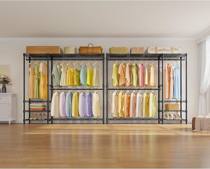 VIPEK V2 Plus Heavy Duty Clothes Rack, Portable Metal Clothing Racks with 4 Tiers Adjustable Wire Shelving & 3 Hanging Rods, Freestanding Closet Rack, Max Load 886LBS, Black