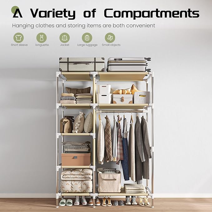Portable Wardrobe, Simple Wardrobe, with 5 Shelves, Hanging Rod and Non-Woven Fabric Cover, Suitable for Small Spaces.(Green, 41.3 in)