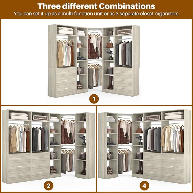 Corner Closet System with 6 Drawers, Closet Organizer System with 14 Shelves & 4 Hanging Rods, 87.2"L * 39.2"W / 63.2"L * 63.2"W Reversible L Shaped Walk-in Closets, Load 2500+LBS, White Oak