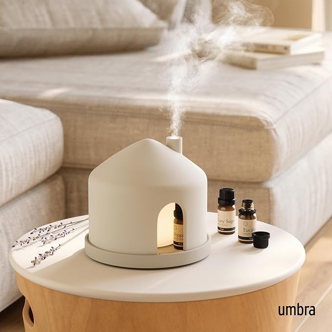 Umbra Casita Diffuser in Sand – Aromatherapy Essential Oil Diffuser with LED Light, Multiple Mist Settings, Automatic Shut-Off, Hidden Storage for Oils, Concrete & Melamine Design for Modern Homes