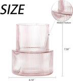 Pink Glass Vase, Ribbed Glass Vase for Tulips, Flower Vases for Bouquet, Pink Modern Vases for Living Room, Dining Table, Entryway, Mantle, Shelf, Wedding, Office, 7.5 Inches