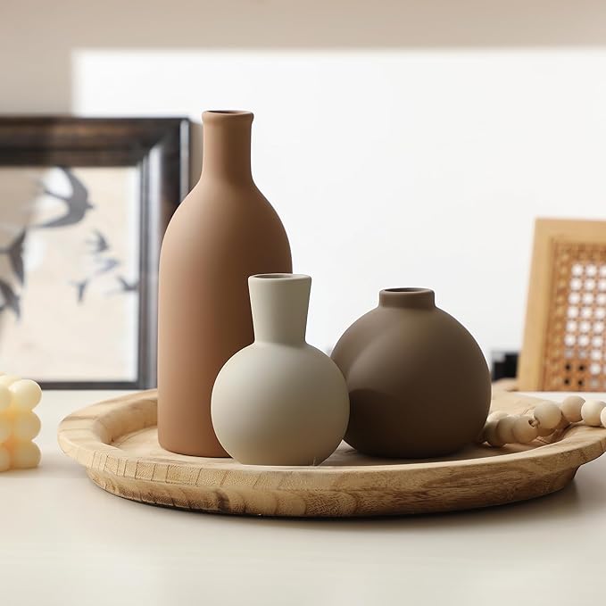 Ceramic Vase Set of 3, Vases Home Decor Rustic Farmhouse Decorative Vase Pottery Vases for Bouquet Pampas Grass Dried Fresh Flowers, Table Living Room Kitchen Bedroom Bathroom - Brown