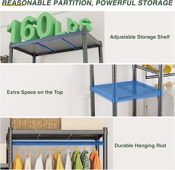 LEHOM G6 Clothes Rack Heavy Duty Freestanding Garment Rack with Shelves, Metal Clothing Closet Wardrobe Storage System for Hanging Clothes, 76.8" D x 17.7" W x 74.4" H, Hold 800 lbs, Black