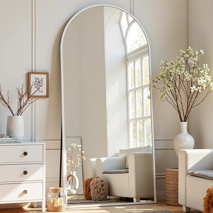 Arched White Full Length Mirror, 57"X20" Large Floor Mirrors with Stand, Full Body Mirrors for Leaning or Hanging, Standing Mirror for Bedroom, Living Room,Dressing Room, Aluminum Alloy Frame, White