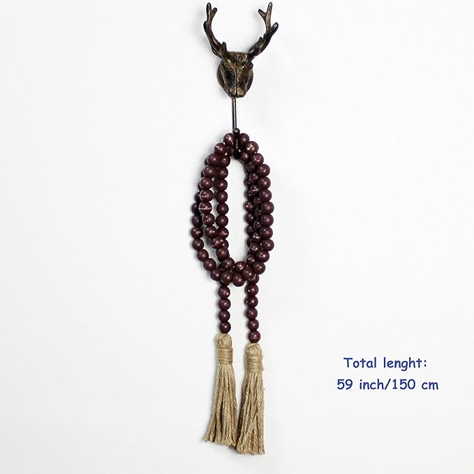 CVHOMEDECO. Wood Beads Garland with Tassels Farmhouse Rustic Wooden Prayer Bead String Wall Hanging Accent for Home Festival Decor. Brown Distressed