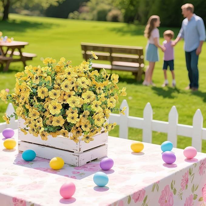 Artificial Flowers for Outdoor UV Resistant Fake Plants, 12 Bundles Fake Mums Silk Daisy in Pots for Porch Patio Garden, Faux Potted Home Decor for Outside (Yellow)