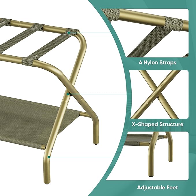 Smuxee Gold Luggage Rack Pack of 2, Foldable Suitcase Stand with Fabric Storage Shelf, Luggage Holder with 4 Nylon Straps for Hotel Guest Room Bedroom
