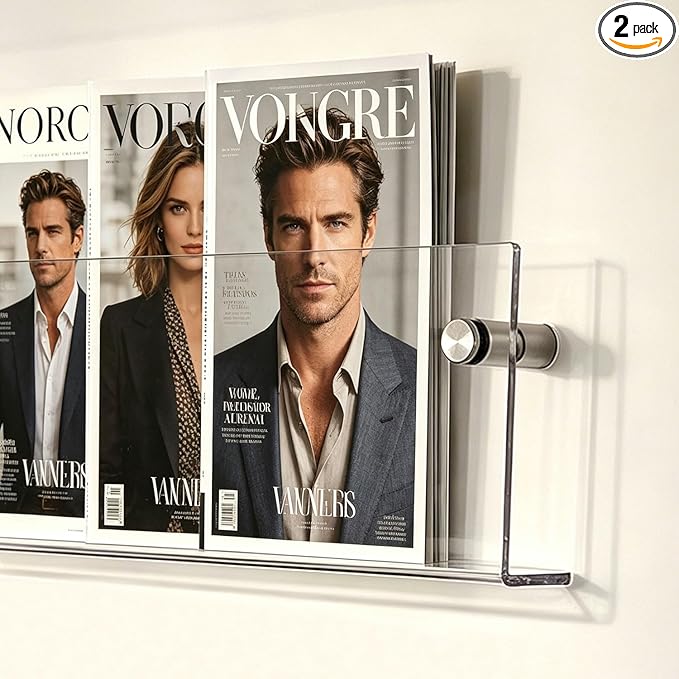 2-Pack 17 Inch Clear Acrylic Magazine Holder, Sleek Wall Mounted Brochure Rack & Floating Bookshelf, Modern Invisible Magazine Display for Office, Waiting Room, Living Room, Fashion Home Decor
