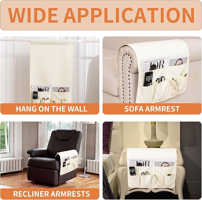 HAOMAIJIA Anti Slip Sofa Armrest Organizer Arm Chair Bedside Caddy Storage Organizer For Recliner Couch With 6 Pockets For Cell Phone Tv Remote Control (Ivory White, 31.89 inches × 18.5 inches)