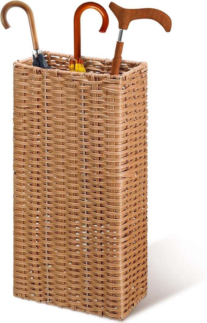 Weysat Woven Umbrella Stand for Entryway Handmade Umbrella Holder Freestanding Cane Stand Natural Color Decorative Umbrella Rack Tall Basket for Laundry Bathroom (Rectangular Style)