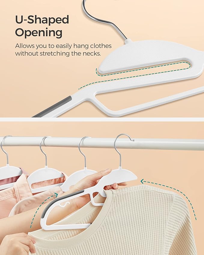 SONGMICS 50 Pack Coat Hangers, Heavy-Duty Plastic Suit Hangers, S-Shaped Opening, Space-Saving, 360º Swivel Hook, 16.3 Inches Wide, Cloud White and Dark Gray UCRP041WG03