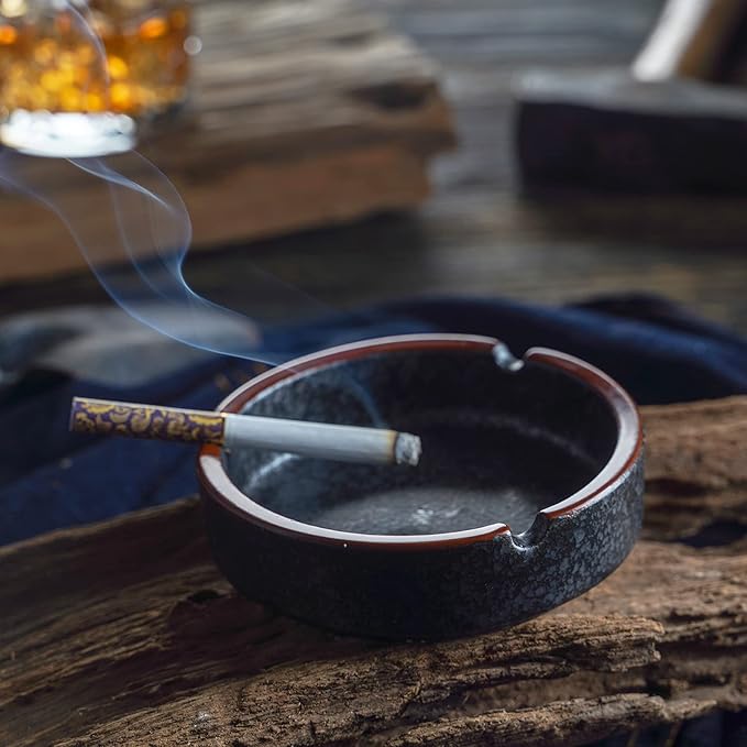 Ceramic Ashtray Stylish Indoor & Outdoor Cigarette Ashtray for Home, Coffee Bars, and Patios，Lava Dazzling Black (Medium Size)