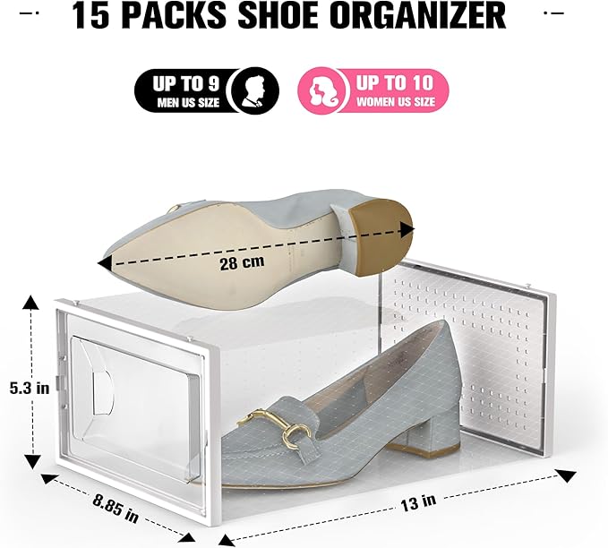 Kuject 15 Pack Shoe Storage Boxes, Large Clear Plastic Stackable Shoe Organizer for Closet, Connect Left and Right Shoe Boxes Case Container Bin for Entryway, Drop Front, Fit for Size 10(White)