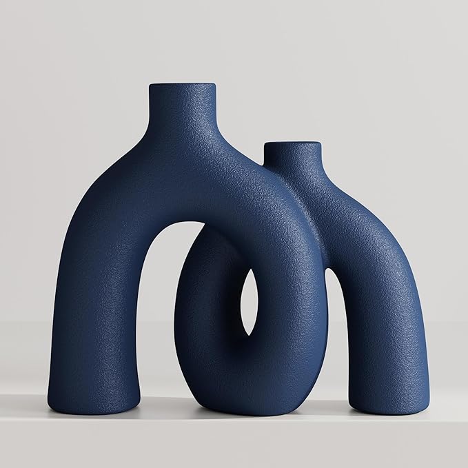Hug Donut Decorative Vase Set - Navy Blue Vase, Modern Coastal Style Vases Home Decor, Matte Ceramic Decorations for Living Room Shelf, Bookshelf Mantle Entryway Table or Console Décor (Navy Blue)