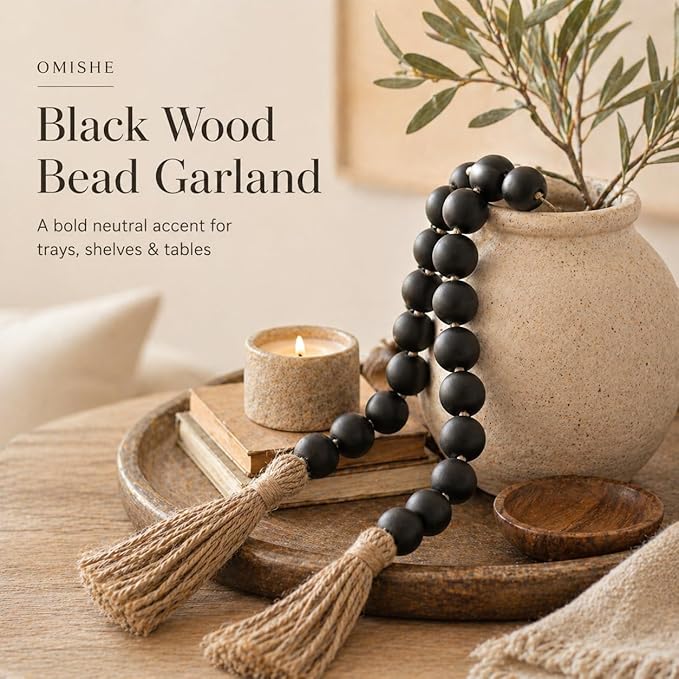 OMISHE 76" Long Extra Large Wood Bead Garland with 1.6" Diameter Wooden Beads and Tassels, Rustic Farmhouse Country Decorative Beads for Home Tiered Tray Decor, Black