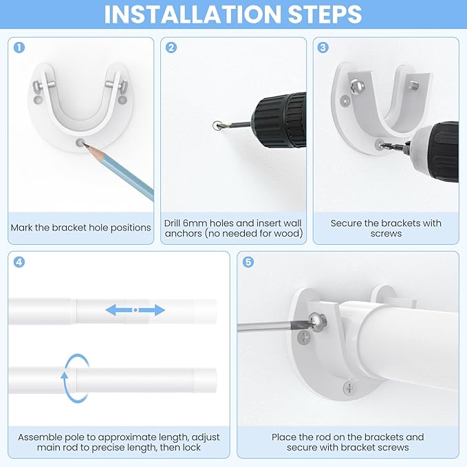 2 Pack Closet Rods for Hanging Clothes, 17 to 69 Inch Heavy Duty Stepless Adjustable Closet Hanging Rod, 1.3 Inch Diameter Metal Closet Rod for Wardrobes Laundry Bedroom RV, White