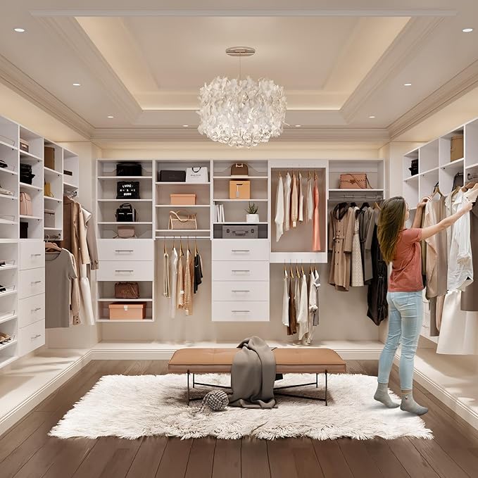 ROOMTEC Modular Closet System, 90" Wall-Mounted Closet Organizer with Drawers and Hanging Rods, Wooden Tower for Walk-In Closets, Wardrobe Storage Kit, White