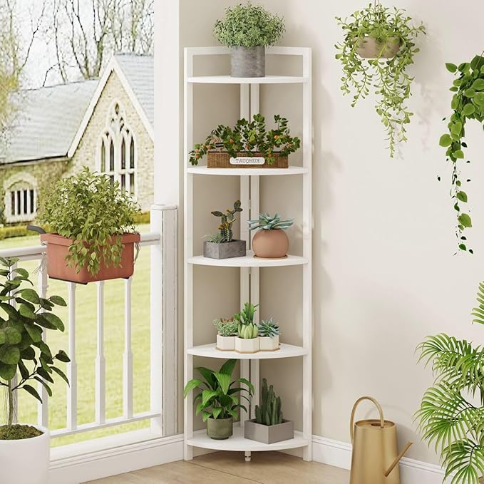 FATORRI Tall Corner Shelf, 5 Tier Modern Corner Bookshelf Stand, Wood and Metal Corner Plant Bookcase for Living Room, Home Office (White Oak)