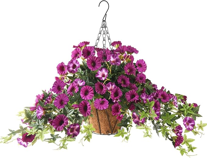 Artificial Fake Flowers Plants for Outdoors Spring Decoration, 2Pcs Faux Petunias with Greenery UV Resistant No Fade, Realistic Silk Flower for Outside Patio Planters Front Porch Window (Fuchsia)