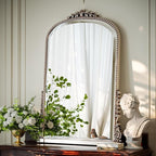 40x28 Beaded Arched Mirror, Bathroom Mirror for Over Sink, Metal Frame Wall Decor for Entryway, Bedroom, Living Room, Silver
