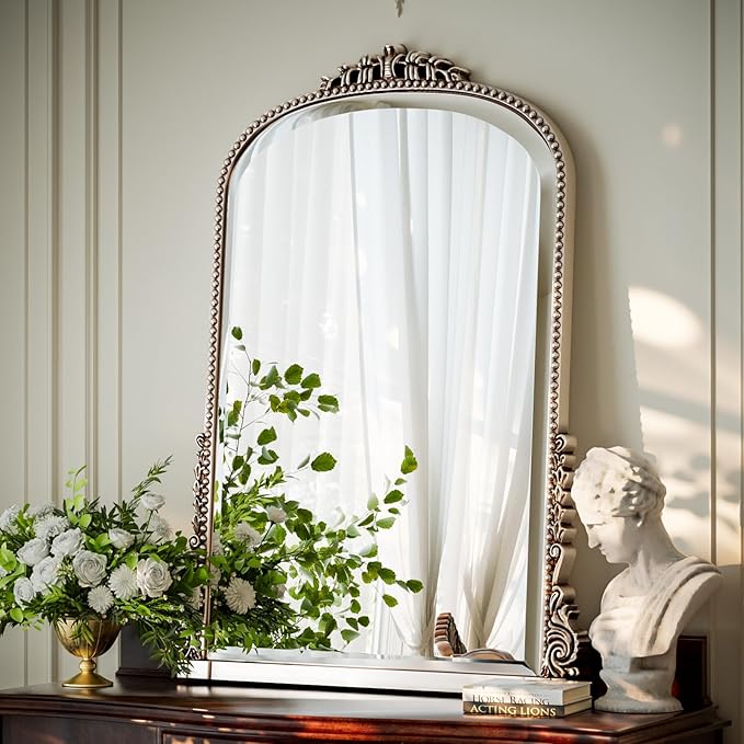40x28 Beaded Arched Mirror, Bathroom Mirror for Over Sink, Metal Frame Wall Decor for Entryway, Bedroom, Living Room, Silver