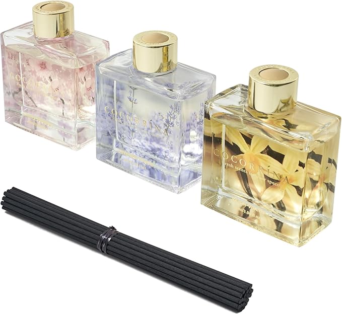 COCORRÍNA Reed Diffuser Set of 3-3 Pack/ 3.04 Fl.oz Diffuser with 24 Sticks Warm Vanilla/Cherry Blossom/Lavender Thyme Reed Diffuser for Home Bathroom Office Shelf Decor