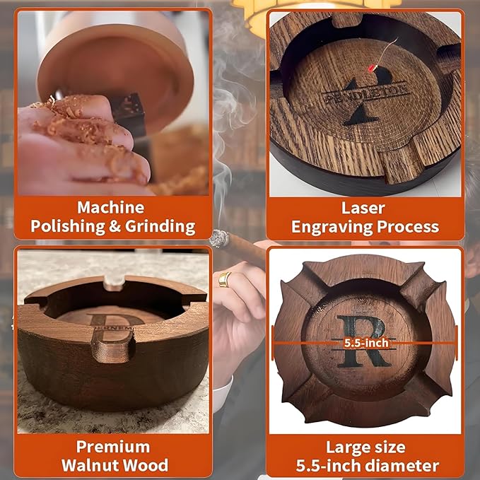 Fathers Day Dad Gifts, Personalized Cigar Ashtray Set for Men Husband, Custom Name Engraved Cigar Ash Tray, Walnut Wooden Outdoor Patio Home Ashtray for Outside, Birthday, Anniversary, Christmas