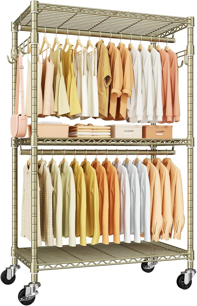 P1 Rolling Clothes Rack, Portable Wardrobe Closet with Wheels, Heavy-Duty Closet Clothing Rack for Hanging Clothes, 35.5" W x 15.7" D x 80.5" H, Hold 500lbs, Gold