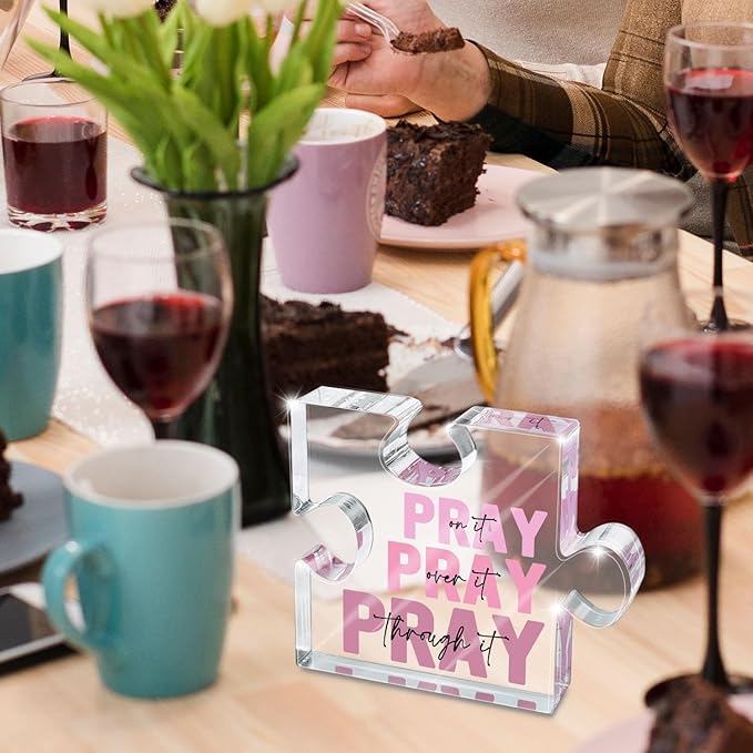 Religious Plaques Christian Woman Decor Gifts - Pray on it Pray over it -Puzzle Acrylic Sign - Pink Office Desk Accessories Decor Sign, Pink Dorm Room for Women - Long Distance Gifts (puzzle)