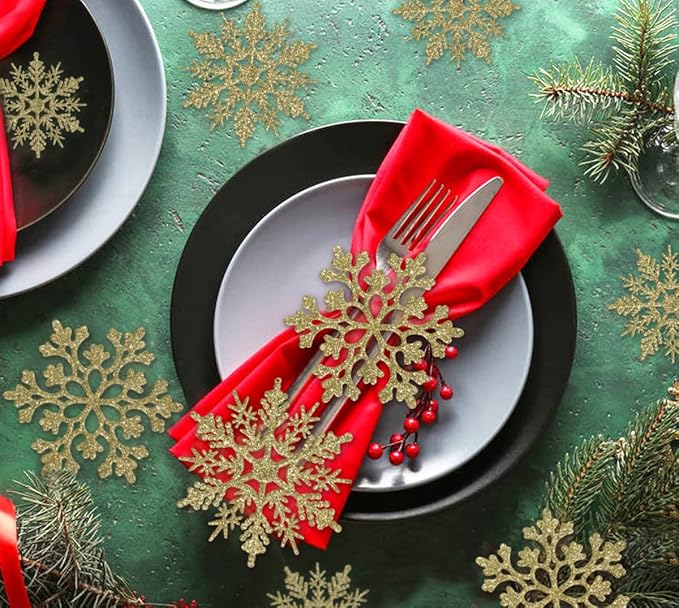 36pcs Christmas Gold Snowflake Ornaments Plastic Glitter Snow Flakes Ornaments for Winter Christmas Tree Decorations Size Varies Craft Snowflakes