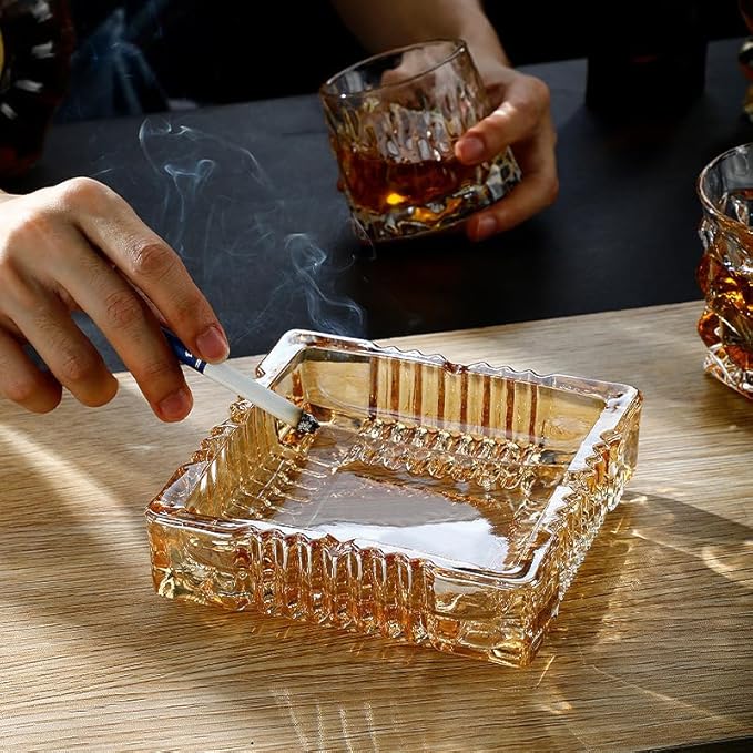 Handmade Glass Ashtray, Ashtray Ash Holder for Indoor or Outdoor Patio Desktop Office Smokers, Ash Tray for Tabletop Home Office Decor (Amber, L)