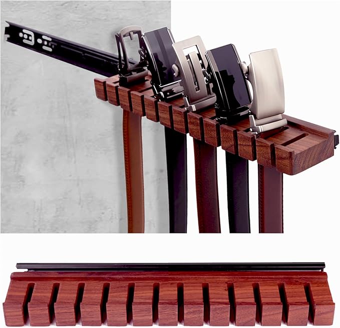 12 Belts Walnut Wood Belt Holder with Slide, Left or Right Slide Flexible Install Belt-Rack, Belt Hanger for Closet, Space Saving Belts Storage Organizer, Gift for Men