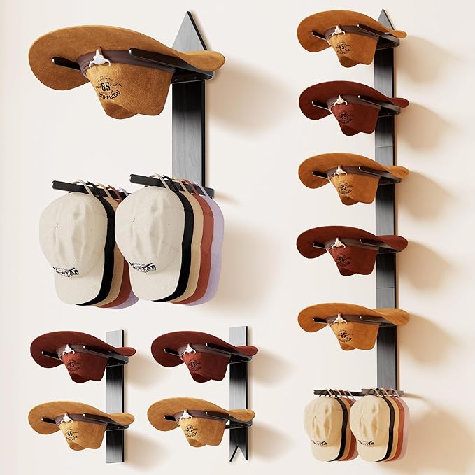 Cowboy Hat Rack for Wall, Cowboy Hat Holder Wall Mount Holds up to 6 Hats, Wooden Western Rustic Metal Hat-Organizer with Arrow Sign Board, Display and Decor Rack for Fedora, Sun Hats,Baseball Caps
