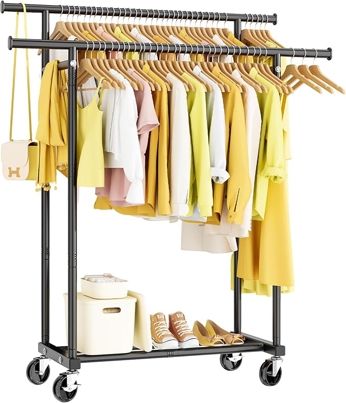 Double Rods Clothes Rack, Rolling Clothing Rack for Hanging Clothes Portable Wardrobe Rack, Metal Garment Rack Sturdy Coat Rack for Bedroom Laundry Living Room, Black