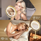 VESAUR 8.5'' Large Gold Lighted Makeup Mirror, 1X/10X Clear Seamless Magnifying Mirror, Bright Vanity Mirror with 3 Colors Dimmable Lights, Two-Sided 360°Rotation Stable Base, Luxury Nickel, Gift Box