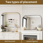 Black Wall Mounted Bathroom Mirror - 38 x 30 Inch Round Cruved Top Right Angle Bottom Wide Wall Mirror, Aluminum Metal Framed, Decor for Living Room, Bedroom, Fireplace, Mantle, Entryway