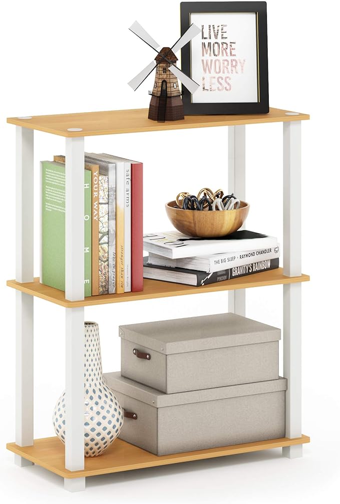 Furinno TURN-S-TUBE Storage Shelves, 3-Tier Book Shelf, Corner Shelf, Toolless Open Shelves, for Organization and Storage, Living Room, Garage, Home Office, Beech