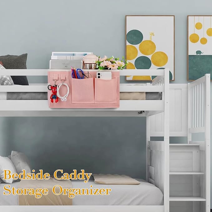 Bedside Storage Caddy/Bedside Hanging Storage Bag for Headboards Bunk Beds Dorm Rooms Book Phone Magazine Holder (Light Pink)