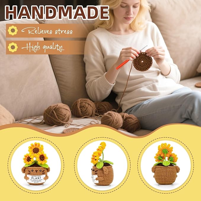 Positive Sunflower Doll Crochet with Card, Inspirational Gifts for Mother's Day Coworker Teachers Women Men Friend Daughter, Emotional Support Crochet Appreciation Gifts for Mom Birthday