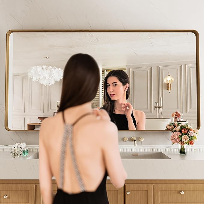 LOAAO 84X32 Inch Bathroom Mirror with Wood Grain Colored Metal Frame, Rounded Rectangle Metal Framed Bathroom Mirror, Anti-Rust, Hangs Horizontally or Vertically, Tempered Glass