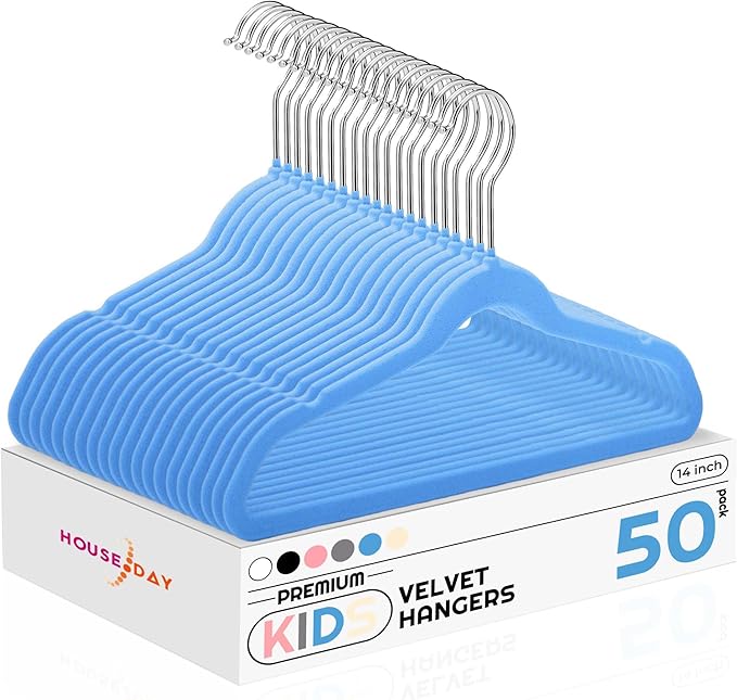 HOUSE DAY 14 Inch Kids Velvet Hangers 50 Pack, Durable Big Kids Hanger for Youth, Non Slip Kid Felt Hangers, Cute Childrens Hanger for Closet, Blue