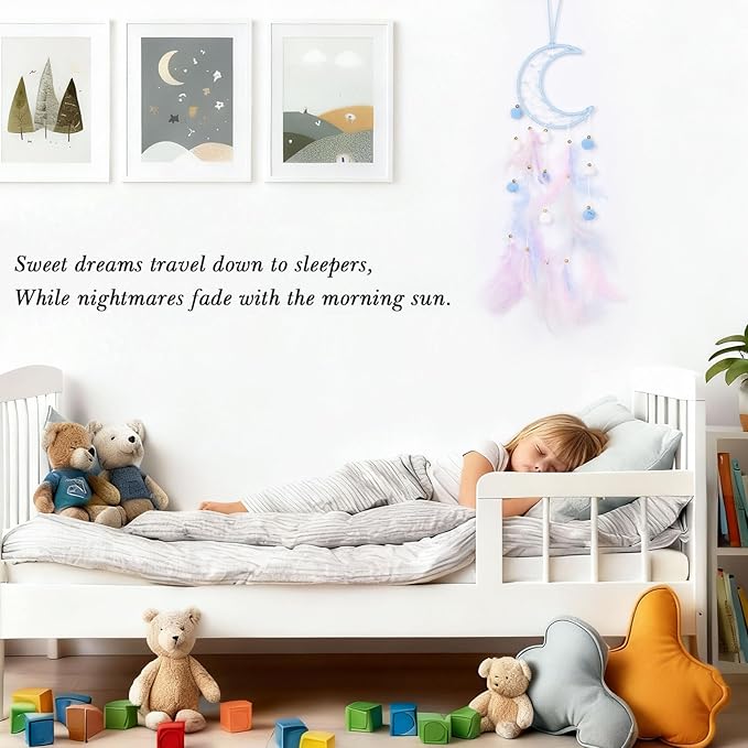 Pretty Jolly Blue Moon Kids Dream Catcher Wall Decor Pompom Feather Baby Dreamcatcher Handmade Children Dream Catcher Home Décor Wall Hanging for Nursery Bedroom Boys Girls Birthday Gift-25.6in