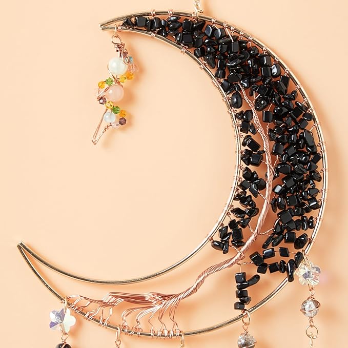 Black Gemstone Dream Catcher 7 Chakras Tree of Life Moon Dream Catcher with Healing Crystal Square Stones Handmade Dreamcatcher Wall Decor for Adults Boys Girls,Bedroom,Wedding,Garden,Bless Gift